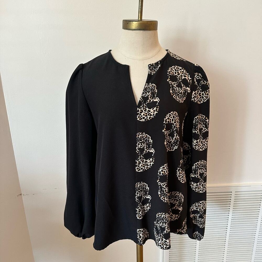 Shein Half Black Half Leopard Skull Print Long Sleeve Blouse in Size Medium